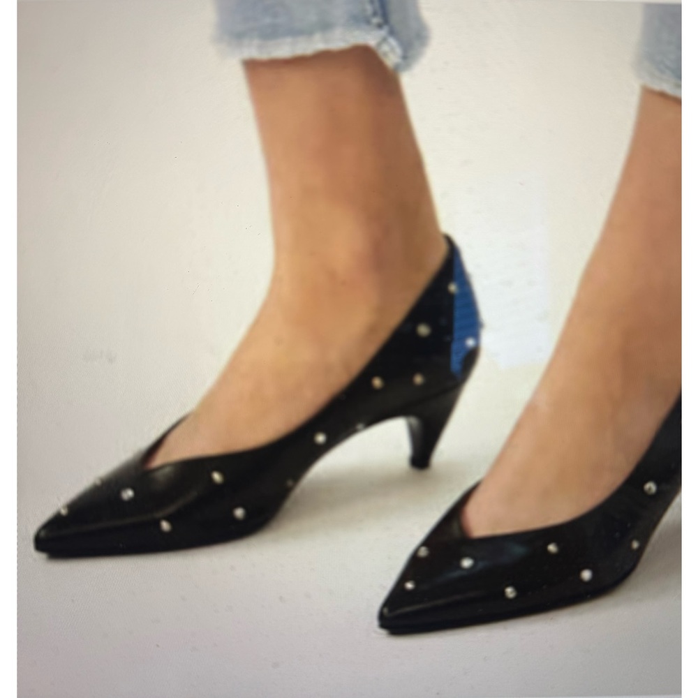 Maje Black Crystal and Silver Studs Pointed Toe Pump Made in Portugal Size 36